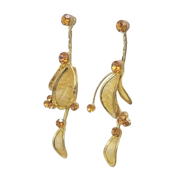 Gold Tone Mesh Long Dangly Floral Earrings Orange Rhinestone Well Made - Picture 1 of 3